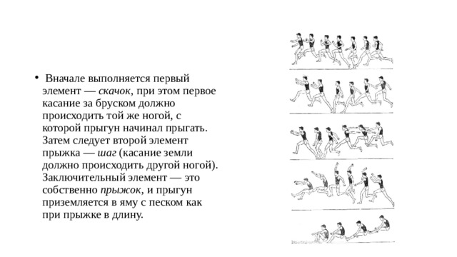   Вначале выполняется первый элемент —  скачок , при этом первое касание за бруском должно происходить той же ногой, с которой прыгун начинал прыгать. Затем следует второй элемент прыжка —  шаг  (касание земли должно происходить другой ногой). Заключительный элемент — это собственно  прыжок , и прыгун приземляется в яму с песком как при прыжке в длину. 
