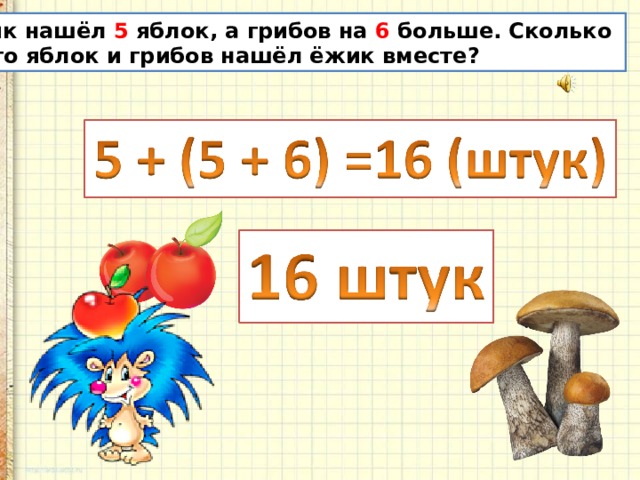 Ёжик нашёл 5 яблок, а грибов на 6 больше. Сколько всего яблок и грибов нашёл ёжик вместе? 