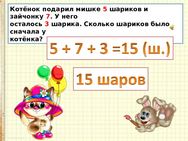 Котёнок подарил мишке 5 шариков и зайчонку 7 . У него осталось 3 шарика. Сколько шариков было сначала у котёнка? 