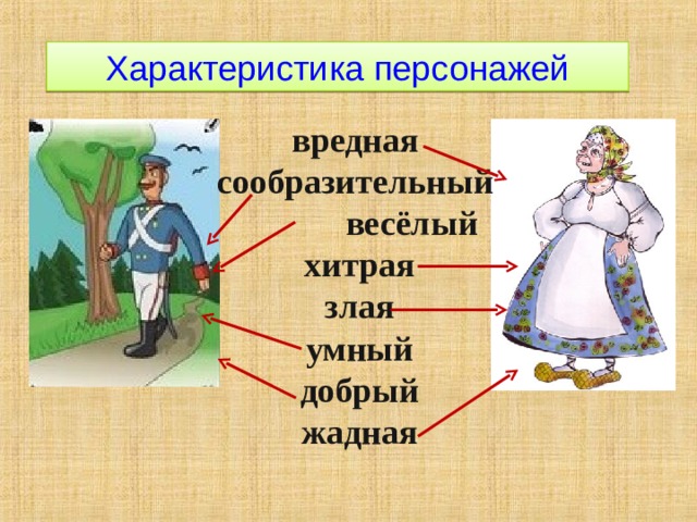 Характеристика персонажей вредная сообразительный весёлый хитрая злая умный добрый жадная 
