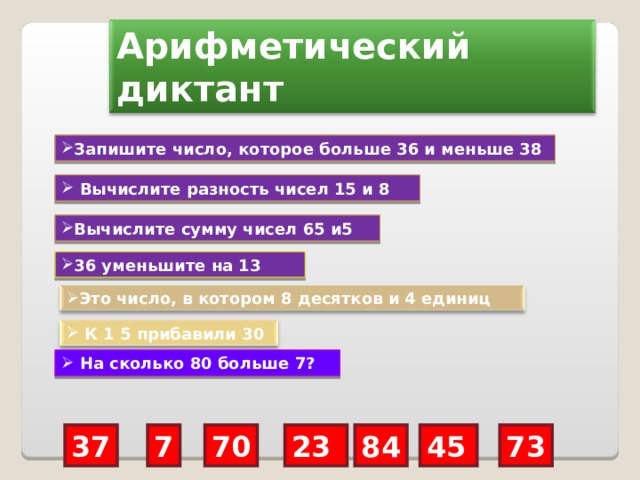 Арифметический диктант Запишите число, которое больше 36 и меньше 38  Вычислите разность чисел 15 и 8 Вычислите сумму чисел 65 и5 36 уменьшите на 13 Это число, в котором 8 десятков и 4 единиц  К 1 5 прибавили 30  На сколько 80 больше 7? 37 7 70 23 84 45 73 