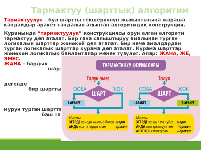 Тармактуу (шарттык) алгоритим Тармактуулук – бул шартты текшерүүнүн жыйынтыгына жараша кандайдыр аракет тандалып алынган алгоритмдик конструкция. Курамында “тармактуулук” конструкциясы орун алган алгоритм тармактуу деп аталат. Бир гана салыштыруу амалынан турган логикалык шарттар жөнөкөй деп аталат. Бир нече амалдардан турган логикалык шарттар курама деп аталат. Курама шарттар жөнөкөй логикалык байламталар менен түзүлөт. Алар: ЖАНА, ЖЕ, ЭМЕС. ЖАНА – бардык шарттарды бир убакта аткаруу; ЖЕ – жок дегенде бир шарттын аткарылышы; ЭМЕС – эмес сөзүнөн мурун турган шарттан баш тартуу. 