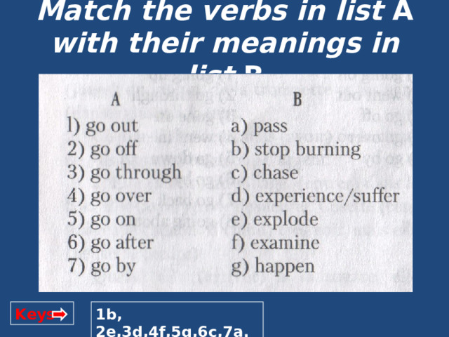 Match the verbs in list A with their meanings in list B Keys 1b, 2e,3d,4f,5g,6c,7a. 