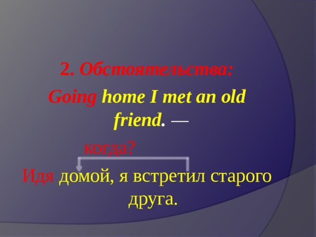 2. Обстоятельства: Going home I met an old friend . —   когда ? Идя домой, я встретил старого друга. 