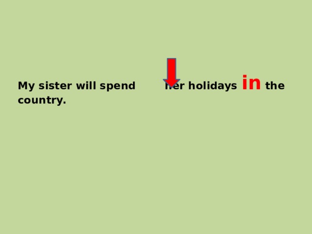My sister will spend her holidays in the country. 