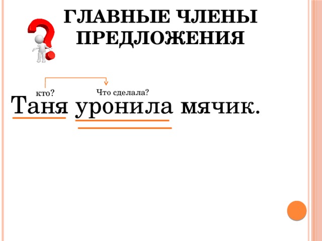 Главные члены предложения Что сделала? кто? Таня уронила мячик. 