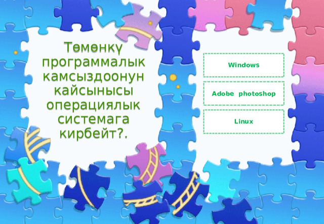 Төмөнкү программалык камсыздоонун кайсынысы операциялык системага кирбейт?. Windows Adobe photoshop Linux 