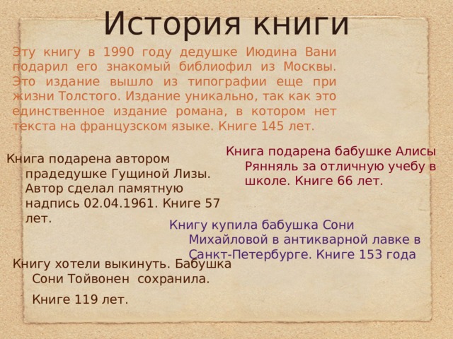 История книги   Эту книгу в 1990 году дедушке Июдина Вани подарил его знакомый библиофил из Москвы. Это издание вышло из типографии еще при жизни Толстого. Издание уникально, так как это единственное издание романа, в котором нет текста на французском языке. Книге 145 лет. Книга подарена бабушке Алисы Рянняль за отличную учебу в школе. Книге 66 лет. Книга подарена автором прадедушке Гущиной Лизы. Автор сделал памятную надпись 02.04.1961. Книге 57 лет . Книгу купила бабушка Сони Михайловой в антикварной лавке в Санкт-Петербурге. Книге 153 года Книгу хотели выкинуть. Бабушка Сони Тойвонен сохранила. Книге 119 лет.  
