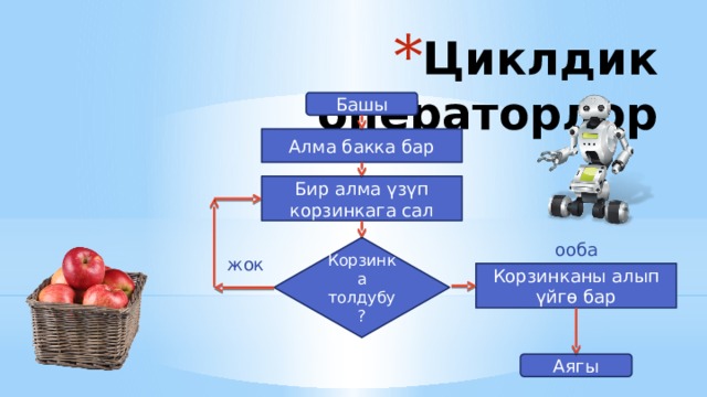 Циклдик операторлор Башы Алма бакка бар Бир алма үзүп корзинкага сал ооба Корзинка толдубу? жок Корзинканы алып үйгө бар Аягы 