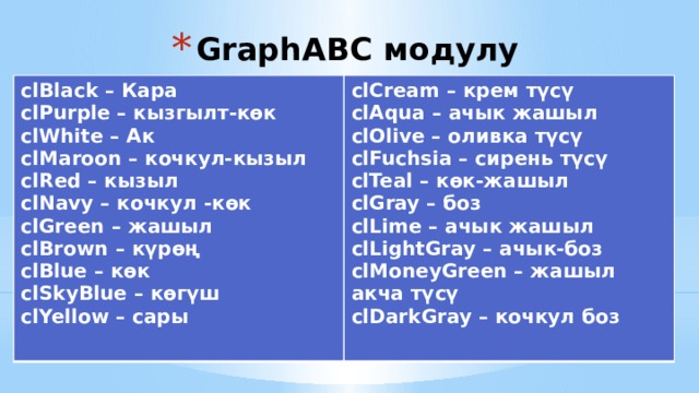 GraphABC модулу clBlack – Кара clPurple – кызгылт-көк clCream – крем түсү clWhite – Ак clAqua – ачык жашыл clMaroon – кочкул-кызыл clOlive – оливка түсү clRed – кызыл clFuchsia – сирень түсү clTeal – көк-жашыл clNavy – кочкул -көк clGreen – жашыл clGray – боз clBrown – күрөң clLime – ачык жашыл clLightGray – ачык-боз clBlue – көк clMoneyGreen – жашыл акча түсү clSkyBlue – көгүш clDarkGray – кочкул боз clYellow – сары 