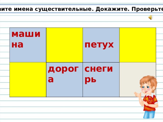 Назовите имена существительные. Докажите. Проверьте. машина   бегал  белый дорога   петух  плакал снегирь  рыбак 