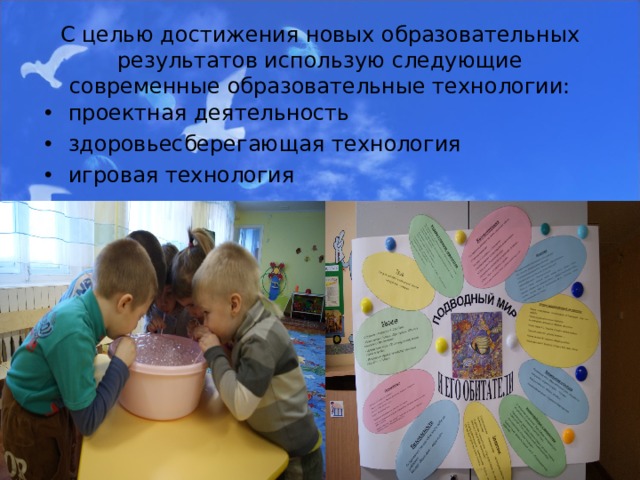С целью достижения новых образовательных результатов использую следующие современные образовательные технологии: проектная деятельность здоровьесберегающая технология игровая технология  