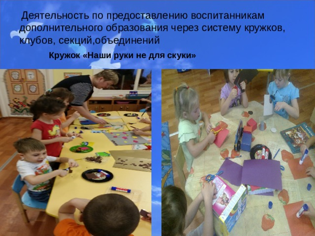  Деятельность по предоставлению воспитанникам дополнительного образования через систему кружков, клубов, секций,объединений Кружок «Наши руки не для скуки»  