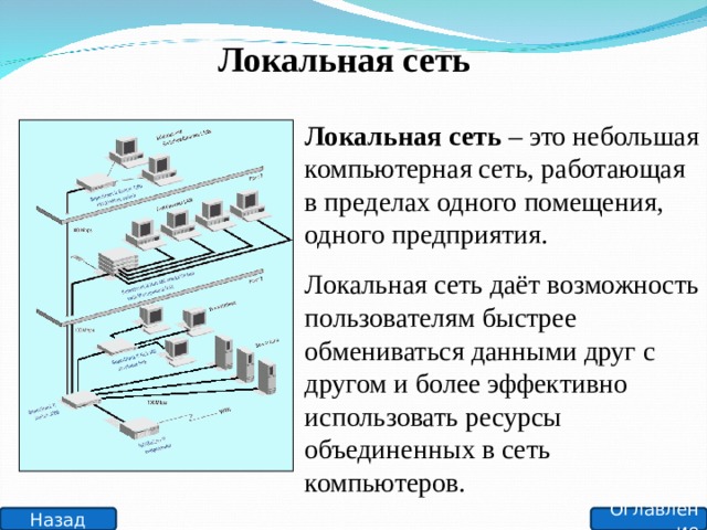 Локальная сеть Локальная сеть – это небольшая компьютерная сеть, работающая в пределах одного помещения, одного предприятия. Локальная сеть даёт возможность пользователям быстрее обмениваться данными друг с другом и более эффективно использовать ресурсы объединенных в сеть компьютеров. Оглавление Назад 