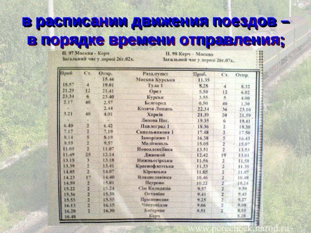 в расписании движения поездов – в порядке времени отправления; 