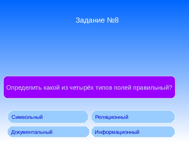 Задание №8 Определить какой из четырёх типов полей правильный? Символьный Реляционный Документальный Информационный 