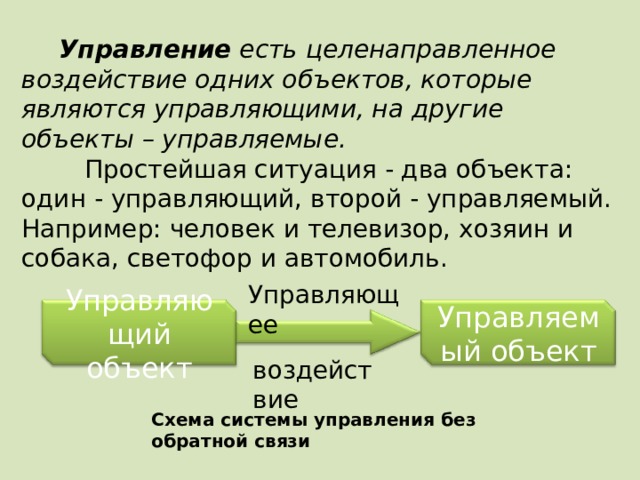 Управление есть целенаправленное воздействие одних объектов, которые являются управляющими, на другие объекты – управляемые.   Простейшая ситуация - два объекта: один - управляющий, второй - управляемый. Например: человек и телевизор, хозяин и собака, светофор и автомобиль. Управляющее Управляющий объект Управляемый объект воздействие Схема системы управления без обратной связи 