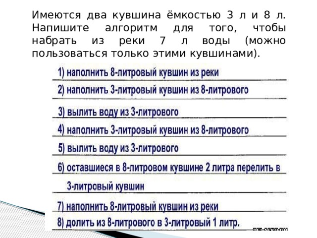 Имеются два кувшина ёмкостью 3 л и 8 л. Напишите алгоритм для того, чтобы набрать из реки 7 л воды (можно пользоваться только этими кувшинами). 