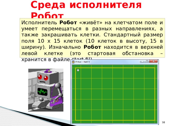 Среда исполнителя Робот Исполнитель Робот «живёт» на клетчатом поле и умеет перемещаться в разных направлениях, а также закрашивать клетки. Стандартный размер поля 10 х 15 клеток (10 клеток в высоту, 15 в ширину). Изначально Робот находится в верхней левой клетке (это стартовая обстановка – хранится в файле start.fil)  