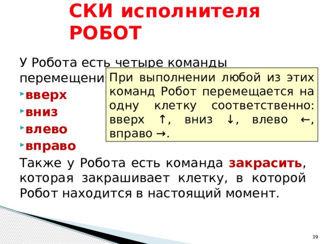 СКИ исполнителя РОБОТ У Робота есть четыре команды перемещения: вверх вниз влево вправо Также у Робота есть команда закрасить , которая закрашивает клетку, в которой Робот находится в настоящий момент. При выполнении любой из этих команд Робот перемещается на одну клетку соответственно: вверх ↑, вниз ↓, влево ←, вправо →.  