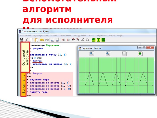 Вспомогательный алгоритм  для исполнителя Чертежник Основной алгоритм Вспом. алг.  