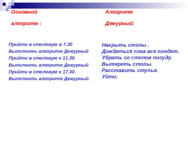 Основной     Алгоритм  алгоритм :     Дежурный:  Прийти в столовую в 7.30 Выполнить алгоритм Дежурный Прийти в столовую к 11.30. Выполнить алгоритм Дежурный Прийти в столовую к 17.30. Выполнить алгоритм Дежурный.  Накрыть столы . Дождаться пока все поедят. Убрать со столов посуду. Вытереть столы. Расставить стулья. Уйти. 