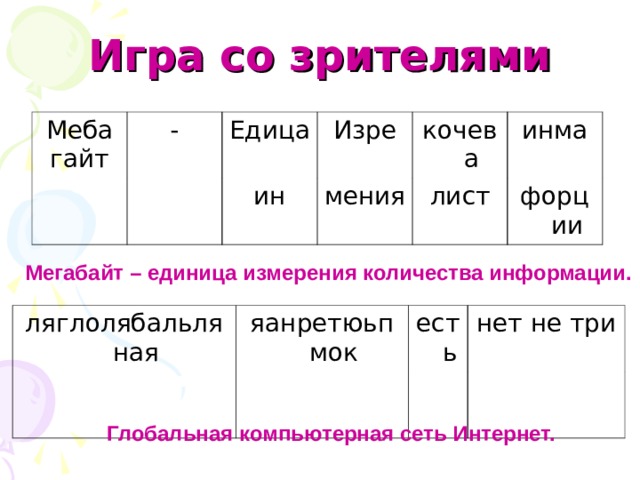 Игра со зрителями Меба гайт - Едица ин Изре мения кочева инма лист форции Мегабайт – единица измерения количества информации. ляглолябальляная яанретюьпмок есть нет не три Глобальная компьютерная сеть Интернет.