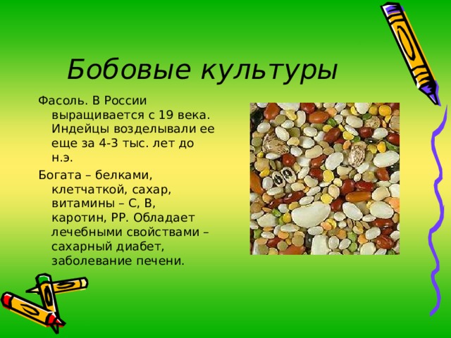 Бобовые культуры Фасоль. В России выращивается с 19 века. Индейцы возделывали ее еще за 4-3 тыс. лет до н.э. Богата – белками, клетчаткой, сахар, витамины – С, В, каротин, РР. Обладает лечебными свойствами – сахарный диабет, заболевание печени. 