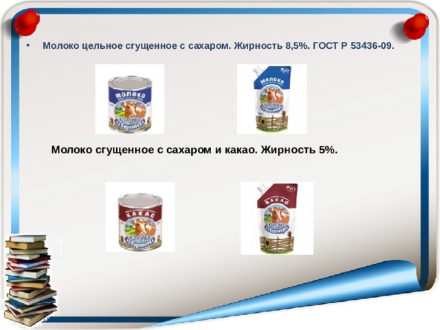  Молоко цельное сгущенное с сахаром. Жирность 8,5%. ГОСТ Р 53436-09.  Молоко сгущенное с сахаром и какао. Жирность 5%. 