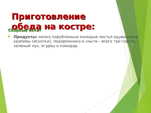 Приготовление обеда на костре: Сборный салат Продукты: мелко порубленные молодые листья одуванчика, крапивы (яснотки), подорожника и сныти - всего три горсти, зеленый лук, огурец и помидор. 