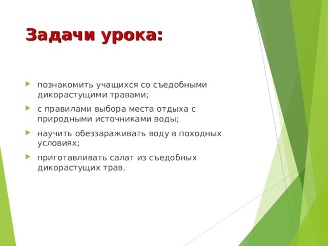 Задачи урока: познакомить учащихся со съедобными дикорастущими травами; с правилами выбора места отдыха с природными источниками воды; научить обеззараживать воду в походных условиях; приготавливать салат из съедобных дикорастущих трав. 