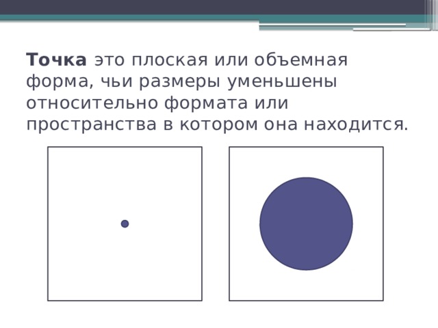 Точка это плоская или объемная форма, чьи размеры уменьшены относительно формата или пространства в котором она находится. 