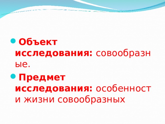 Объект исследования:  совообразные. Предмет исследования:  особенности жизни совообразных  