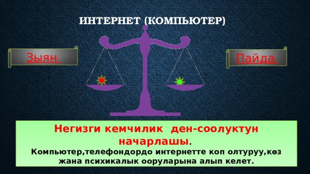 Интернет (компьютер)    Зыян Пайда Негизги кемчилик ден-соолуктун начарлашы . Компьютер,телефондордо интернетте коп олтуруу,көз жана психикалык ооруларына алып келет. 