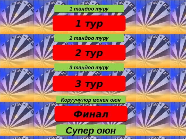 1 тандоо туру 1 тур 2 тандоо туру 2 тур 3 тандоо туру 3 тур Коруучулор менен оюн Финал Супер оюн 