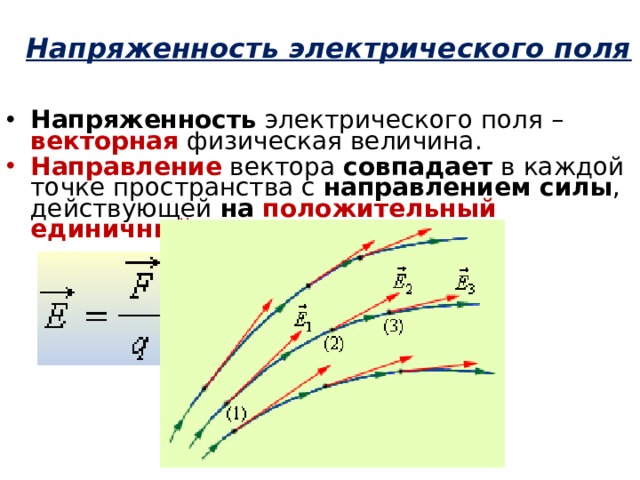 Напряженность электрического поля Напряженность электрического поля – векторная физическая величина. Направление вектора совпадает в каждой точке пространства с направлением силы , действующей на положительный  единичный  заряд . 