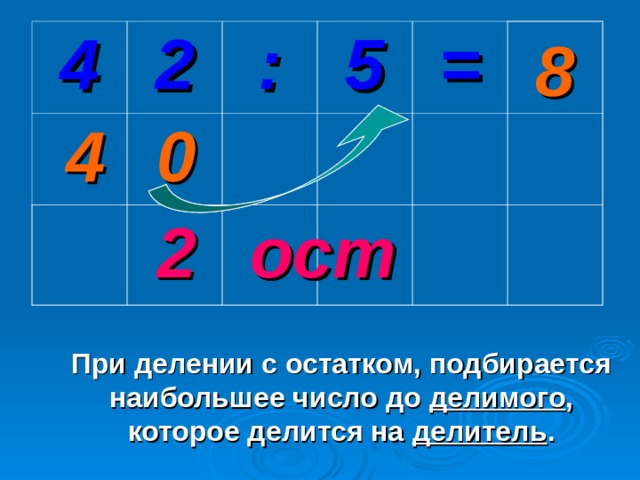 8 4 2 : 5 = 0 4 2 ост При делении с остатком, подбирается наибольшее число до делимого , которое делится на делитель . 