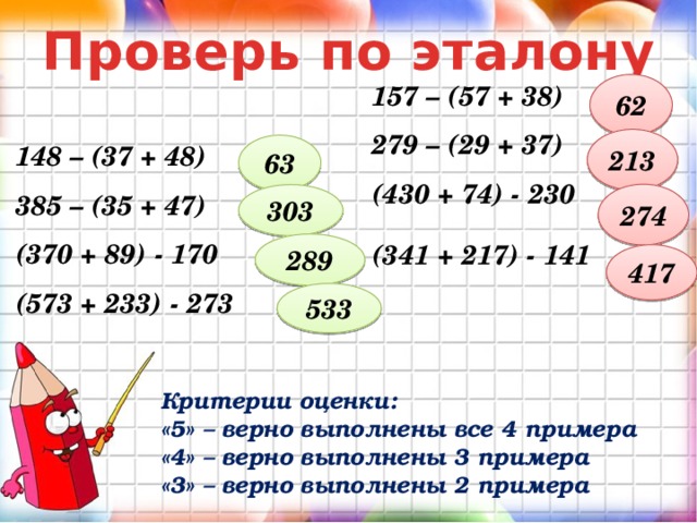 Проверь по эталону 62 157 – (57 + 38) 279 – (29 + 37) (430 + 74) - 230   (341 + 217) - 141   213 63 148 – (37 + 48) 385 – (35 + 47) (370 + 89) - 170   (573 + 233) - 273  274 303 289 417 533 Критерии оценки: «5» – верно выполнены все 4 примера «4» – верно выполнены 3 примера «3» – верно выполнены 2 примера 