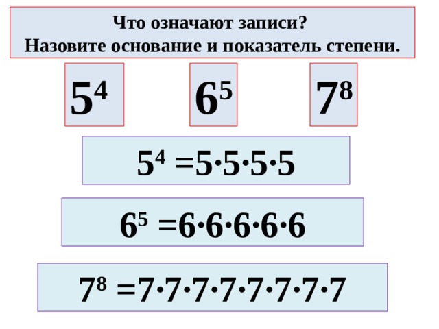 Что означают записи? Назовите основание и показатель степени. 5 4 6 5 7 8 5 4 =5·5·5·5 6 5 =6·6·6·6·6 7 8 =7·7·7·7·7·7·7·7 
