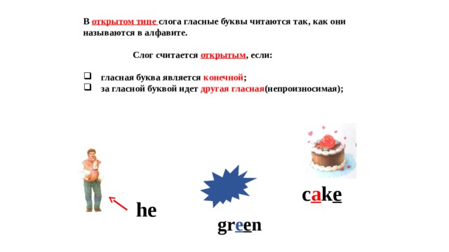 В открытом типе слога гласные буквы читаются так, как они называются в алфавите.   Слог считается открытым , если:   гласная буква является конечной ;  за гласной буквой идет другая гласная (непроизносимая); c a k e he gr e e n 