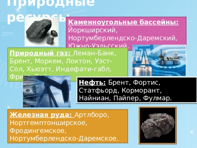 Природные ресурсы. Каменноугольные бассейны: Йоркширский, Нортумберлендско-Даремский, Южно-Уэльсский. Природный газ: Леман-Банк, Брент, Моркем, Локтон, Уэст-Сол, Хьюэтт, Индефати-габл, Фригг, Вайкинг. Нефть: Брент, Фортис, Статфьорд, Корморант, Найниан, Пайпер, Фулмар. Железная руда: Артлборо, Нортгемптонширское, Фродингемское, Нортумберлендско-Даремское. 