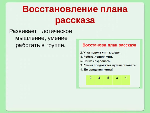 Восстановление плана рассказа Развивает логическое мышление, умение работать в группе. 