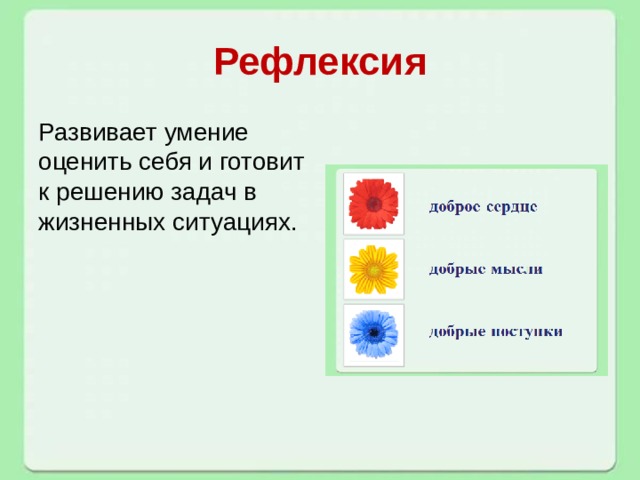 Рефлексия Развивает умение оценить себя и готовит к решению задач в жизненных ситуациях. 