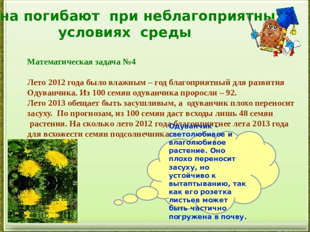 Семена погибают при неблагоприятных условиях среды Математическая задача №4  Лето 2012 года было влажным – год благоприятный для развития Одуванчика. Из 100 семян одуванчика проросли – 92. Лето 2013 обещает быть засушливым, а одуванчик плохо переносит засуху. По прогнозам, из 100 семян даст всходы лишь 48 семян  растения. На сколько лето 2012 года благоприятнее лета 2013 года для всхожести семян подсолнечника.  Одуванчик – светолюбивое и влаголюбивое растение. Оно плохо переносит засуху, но устойчиво к вытаптыванию, так как его розетка листьев может быть частично погружена в почву.