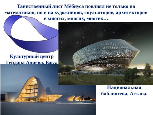 Таинственный лист Мёбиуса повлиял не только на математиков, но и на художников, скульпторов, архитекторов и многих, многих, многих… Культурный центр Гейдара Алиева, Баку. Национальная библиотека, Астана. 