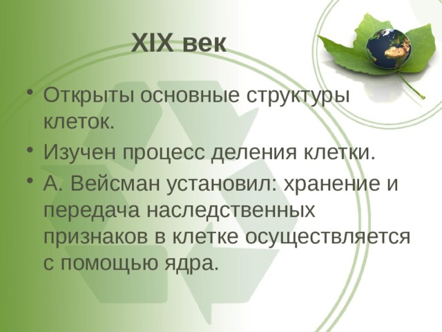 XIX век Открыты основные структуры клеток. Изучен процесс деления клетки. А. Вейсман установил: хранение и передача наследственных признаков в клетке осуществляется с помощью ядра. 