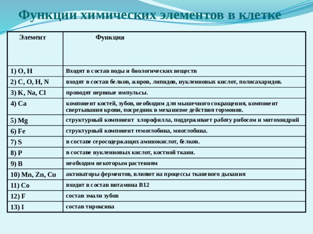 Функции химических элементов в клетке  Элемент   Функция 1) О, Н Входят в состав воды и биологических веществ 2) С, О, Н, N входят в состав белков, жиров, липидов, нуклеиновых кислот, полисахаридов. 3) K, Na, Cl проводят нервные импульсы. 4) Ca компонент костей, зубов, необходим для мышечного сокращения, компонент свертывания крови, посредник в механизме действия гормонов. 5) Mg структурный компонент хлорофилла, поддерживает работу рибосом и митохондрий 6) Fe структурный компонент гемоглобина, миоглобина. 7) S в составе серосодержащих аминокислот, белков. 8) P в составе нуклеиновых кислот, костной ткани. 9) B необходим некоторым растениям 10) Mn, Zn, Cu активаторы ферментов, влияют на процессы тканевого дыхания 11) Co входит в состав витамина В12 12) F состав эмали зубов 13) I состав тироксина 
