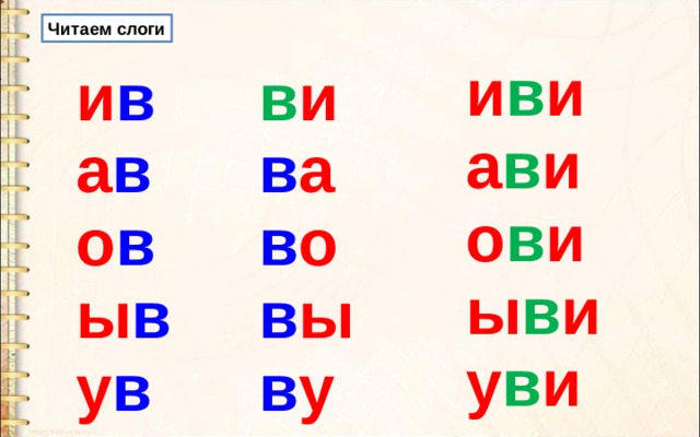 Читаем слоги и в и а в и о в и ы в и у в и и в в и а в в а о в в о ы в в ы у в в у 