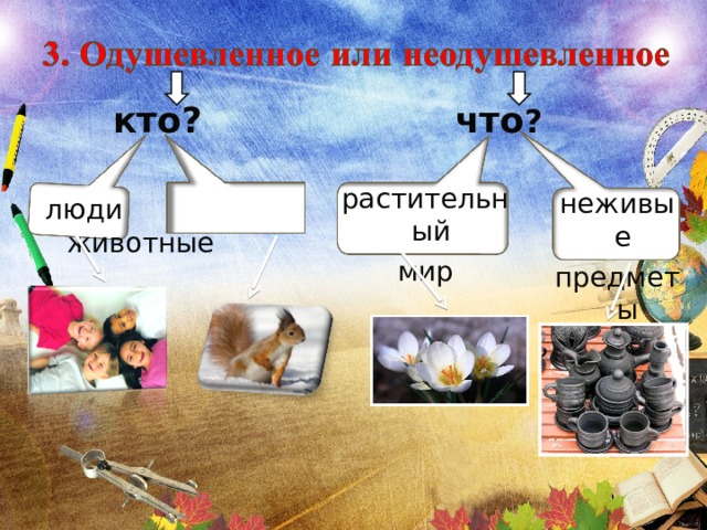 что ? кто? растительный мир неживые предметы люди животные 