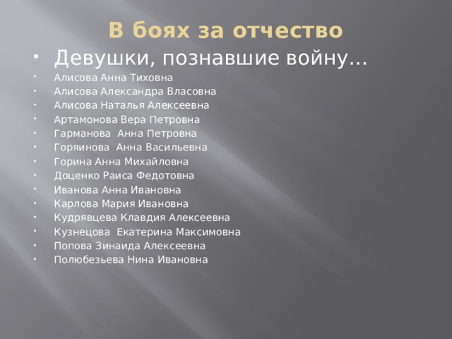В боях за отчество   Девушки, познавшие войну… Алисова Анна Тиховна Алисова Александра Власовна Алисова Наталья Алексеевна Артамонова Вера Петровна Гарманова Анна Петровна Горяинова Анна Васильевна Горина Анна Михайловна Доценко Раиса Федотовна Иванова Анна Ивановна Карлова Мария Ивановна Кудрявцева Клавдия Алексеевна Кузнецова Екатерина Максимовна Попова Зинаида Алексеевна Полюбезьева Нина Ивановна  Струкова Елена Петровна  Струкова Наталья Митрофановна  Талтынова Зинаида Михайловна  Тарарыкова Татьяна Алексеевна  Текутьева Александра Петровна  Текутьева Пелагея Николаевна  Текутьева Прасковья Федоровна  Текутьева Екатерина Иосифовна  Туммель Александра Алексеевна  Туммель Александра Алексеевна  Чусова Евдокия Дмитриевна 